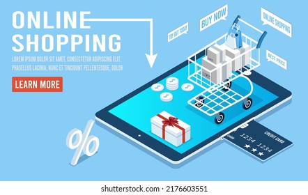 Concepto de compras online para sitios web, aplicaciones móviles, banner web, gráficos de información o cupones de descuento. Ilustración del vector EPS 10