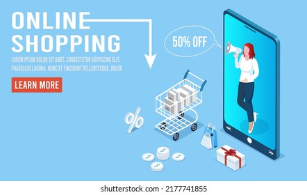 Shopping online concept for website, mobile application, web banner, info graphics or discount coupons. Vector illustration EPS 10