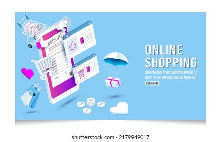 Concepto de compras online para sitios web, aplicaciones móviles, banner web, gráficos de información o cupones de descuento. Ilustración del vector EPS 10