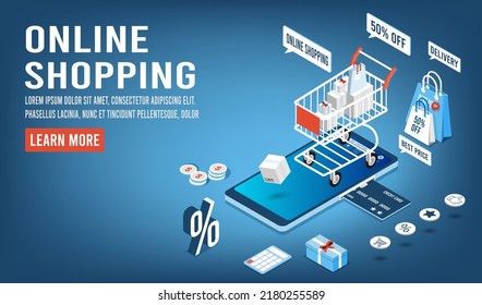 Shopping online concept for website, mobile application, web banner, info graphics or discount coupons. Vector illustration EPS 10