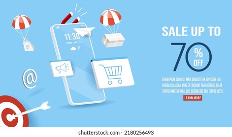 Concepto de compras online para sitios web, aplicaciones móviles, banner web, gráficos de información o cupones de descuento. Ilustración del vector EPS 10