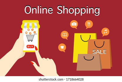Shopping online conceptual flat style. Vector illustration. mobile app shop for women online shopping. Woman buy fashion dress and pay by credit card via electronic money