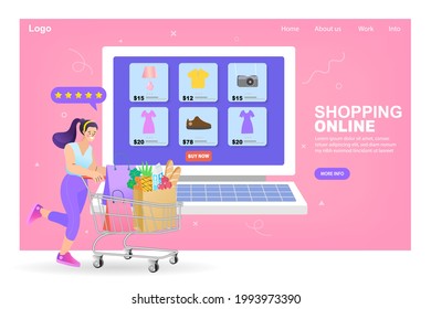 Shopping online. Consumer View, Choose and Buy Fashion Items on Ecommerce Marketplace on Computer Screen Concept. Woman happy with shopping on laptop. Digital marketing. Vector illustration.