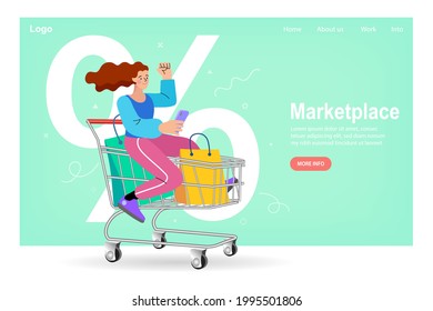 Shopping online. Consumer View, Choose and Buy Fashion Items on Ecommerce Marketplace on Computer Screen Concept. Woman happy with shopping on laptop. Digital marketing. Vector illustration.