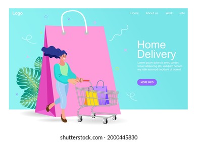 Shopping online. Consumer View, Choose and Buy Fashion Items on Ecommerce Marketplace on Computer Screen Concept. Woman happy with shopping on laptop. Digital marketing. Vector illustration.