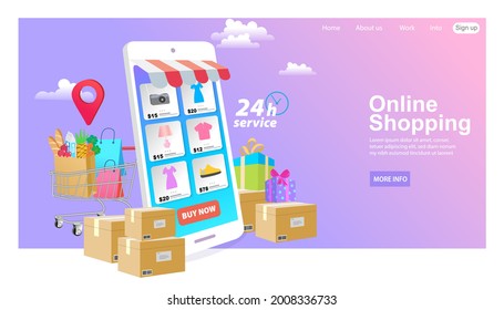 Shopping online. Consumer View, Choose and Buy Fashion Items on Ecommerce Marketplace on Computer Screen Concept. Woman happy with shopping on mobile. Digital marketing. Vector illustration.