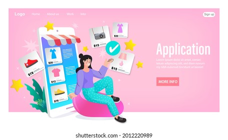 Shopping online. Consumer View, Choose and Buy Fashion Items on Ecommerce Marketplace on Computer Screen Concept. Woman happy with shopping on mobile. Digital marketing. Vector illustration.