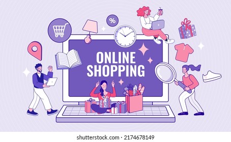 Comprar en línea. Vista de consumo, elegir y comprar artículos de moda en el mercado de comercio electrónico en el concepto de pantalla de ordenador. Hombre y mujer contentos con comprar en el portátil. Marketing digital. Ilustración vectorial.