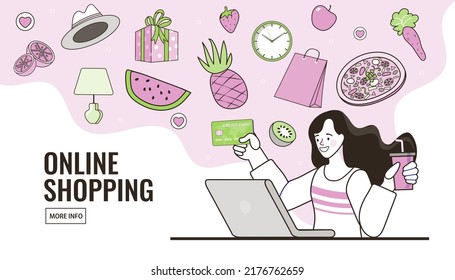 Shopping online. Consumer View, Choose and Buy Fashion Items on Ecommerce Marketplace on Computer Screen Concept. Woman happy with shopping bag. Digital marketing. Vector illustration.