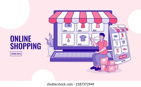 Shopping online. Consumer View, Choose and Buy Fashion Items on Ecommerce Marketplace on Computer Screen Concept. man happy with shopping on laptop. Digital marketing. Vector outline illustration.