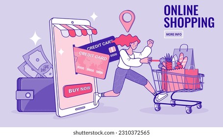 Shopping online. Consumer View, Choose and Buy Fashion Items on Ecommerce Marketplace on Computer Screen Concept. Woman happy with shopping on mobile phone. Digital marketing. Vector illustration.