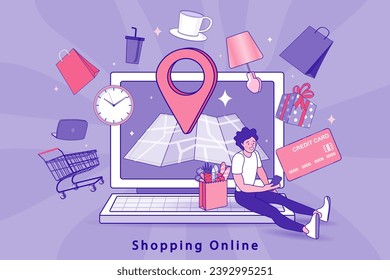 Comprar en línea. Vista de consumo, elegir y comprar artículos de moda en el mercado de comercio electrónico en el concepto de pantalla de ordenador. Hombre feliz de comprar en el portátil. Marketing digital. Ilustración vectorial.
