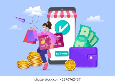 Shopping online. Consumer View, Choose and Buy Fashion Items on Ecommerce Marketplace on Computer Screen Concept. Woman happy with shopping on mobile phone. Digital marketing. Vector illustration.
