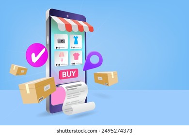 Compras en línea. Vista del consumidor, Elija productos en el mercado de comercio electrónico en el concepto de pantalla de computadora. Personas felices con las compras en el móvil. Marketing digital. servicio de entrega en línea rápido. Vector