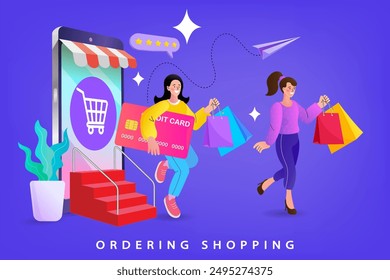 Shopping online. Consumer View, Choose products on Ecommerce Marketplace on Computer Screen Concept. People happy with shopping on mobile. Digital marketing. fast online delivery service. Vector