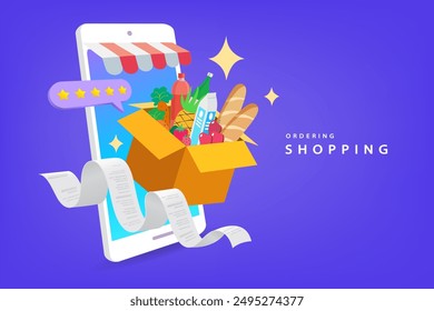 Shopping online. Consumer View, Choose products on Ecommerce Marketplace on Computer Screen Concept. People happy with shopping on mobile. Digital marketing. fast online delivery service. Vector