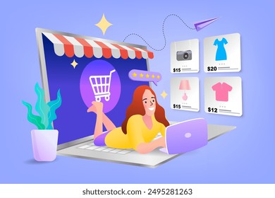 Shopping online. Consumer View, Choose and Buy Fashion Items on Ecommerce Marketplace on Computer Screen Concept. Woman happy with shopping on laptop. Digital marketing. Vector illustration.