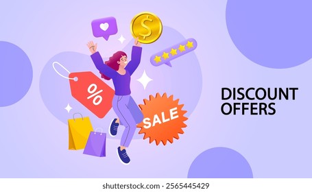 Shopping online. Consumer View, Choose and Buy Fashion Items on Ecommerce Marketplace on Computer Screen Concept. Woman happy with shopping on laptop. Digital marketing. Vector illustration.