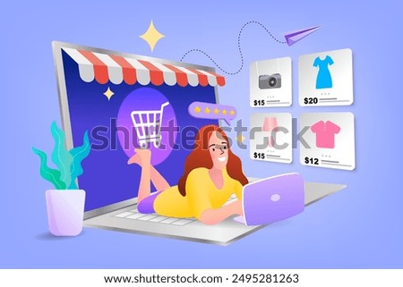 Shopping online. Consumer View, Choose and Buy Fashion Items on Ecommerce Marketplace on Computer Screen Concept. Woman happy with shopping on laptop. Digital marketing. Vector illustration.