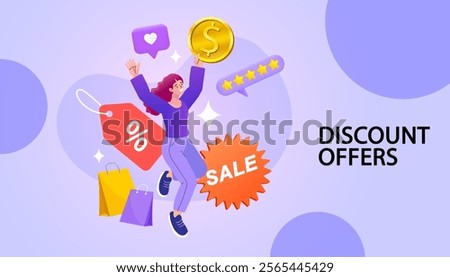 Shopping online. Consumer View, Choose and Buy Fashion Items on Ecommerce Marketplace on Computer Screen Concept. Woman happy with shopping on laptop. Digital marketing. Vector illustration.
