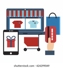 Shopping online with credit card . Flat design. Vector illustration.