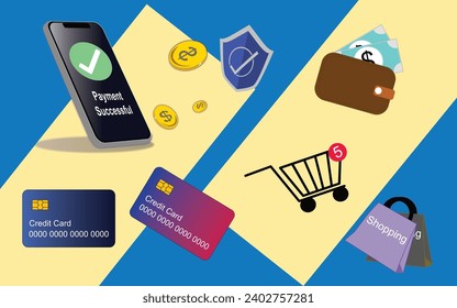 Shopping Online with Credit Card Payment. Contactless payment and Pay with Mobile Banking Application. AI(Artificial Intelligence) Mobile phone technology background for bank business and Investment. 