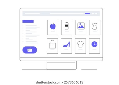 Shopping online. Customer selects the goods to order on website.  Doing online shopping from home. Process of choosing goods. Computer screen. Flat Cartoon Vector Illustration, icon. Stylish abstract 