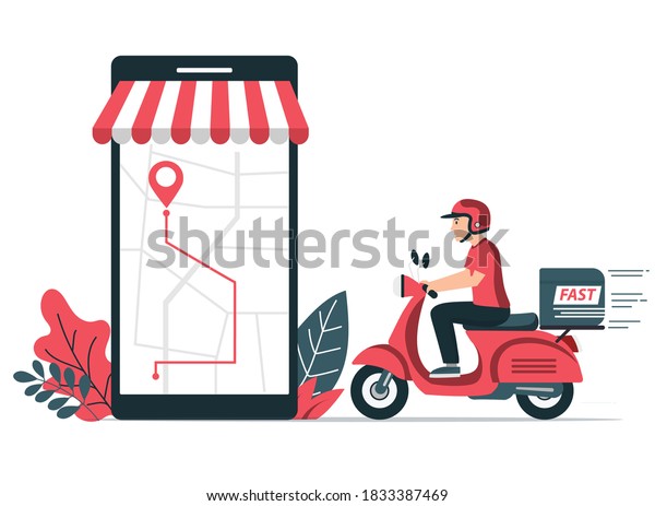 shopping online and delivery car. Delivery\
man ride bike get order with location in phone. e-commerce business\
concept. vector illustration in flat style modern design. isolated\
on blue background.