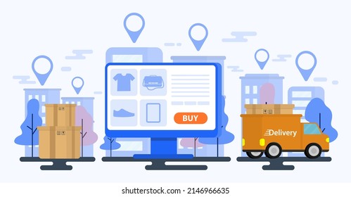 Shopping online. Delivery concept. Online delivery service banner. Computer open shop website. Costumer address city scape background. Cargo truck with box. Logistic business. Transportation concept. 