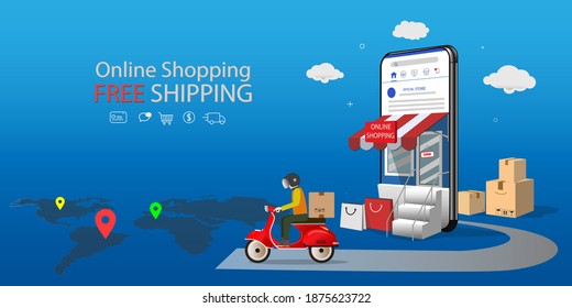 shopping online delivery free. free shipping online shopping .Shopping Online on  Mobile Application. Concept Marketing. 3d vector digital isometric delivery free with world map illustration. 