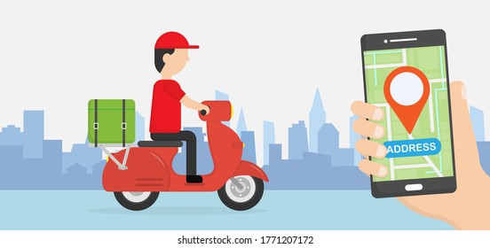 Shopping online. Delivery man ride motorcycle with city background. Han holding phone open map applications.
Transportations concept. Digital marketing. 