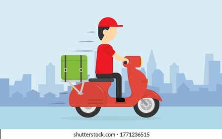 Shopping online. Delivery man ride motorcycle with city background. Han holding phone open map applications.
Transportations concept. Digital marketing. 