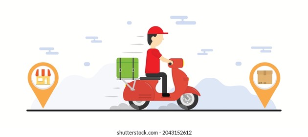 Shopping online. Delivery man ride motorcycle from store to costumer address. Business concept. Abstract cloud background. Transportation concept. Deliver company. Online transport. 