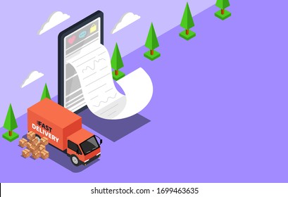 Shopping Online with Delivery service. Big smartphone digital marketing and e-commerce with Huge bill concept. Supermarket in device online store. Vector illustration