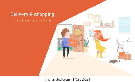 Shopping online and delivery service, people activity, transportation technology, girl and boy cartoon character vector illustration