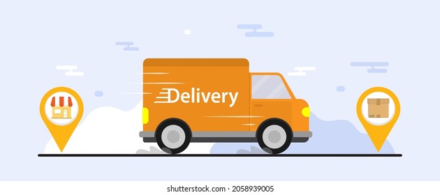 Shopping online. Delivery truck drive from store to costumer address. Business concept. Abstract cloud background. Transportation concept. Deliver company. Online transport. online store. 