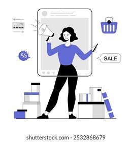 Fazendo compras on-line. Negócios digitais, comércio móvel. Mulher vendendo produtos em redes sociais. Ilustração vetorial com pessoas de linha para web design.	