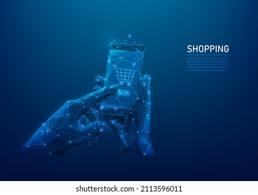 shopping online and digital low poly wireframe. e-commerce concept. hand holding mobile buy online. isolated on blue dark background. consisting of dots, lines, and shapes. vector illustration.