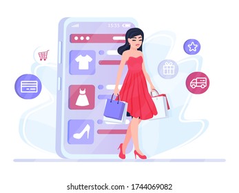 Shopping Online, Digital marketing, E-commerce concept. Woman in a red dress carries shopping bags with purchases, clothes in her hands. Comes out of the smartphone shop store isolated vector