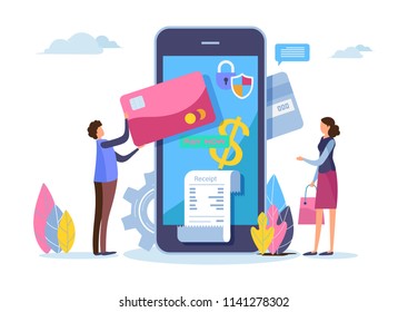 Shopping online. Digital payment with smartphone. Paid by credit card. Shopping on mobile. Flat cartoon miniature. Business illustration vector graphic on white background.
