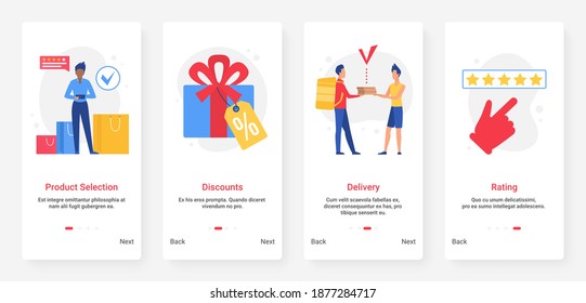 Shopping online, discounts sales in website shop or store, order and delivery vector illustration. Mobile app page onboard screen set with cartoon flat customer shopper buyer people buying gifts goods