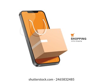 shopping online and e commerce concept ,parcel box or cardboard box place on of smartphone screen with rope handle resembling shopping bag rope, vector 3d isolated for delivery advertising design