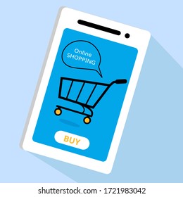 Shopping online e commerce with smartphone and shopping cart icon on blue background vector illustration.