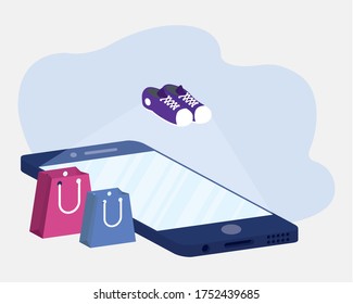 shopping online ecommerce with bags and shoes smartphone vector illustration design