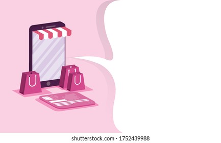 shopping online ecommerce with bags in smartphone and credit card vector illustration design