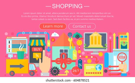 Shopping Online and E-Commerce Shopping concept. Online e commerce infographics template design, web header shopping icons elements. Vector illustration.