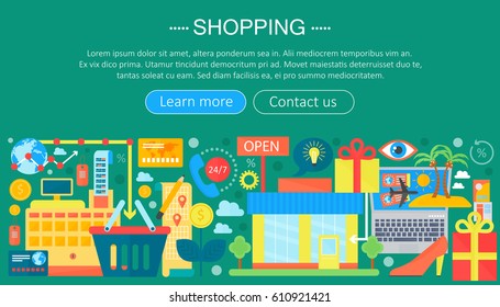 Shopping Online and E-Commerce Shopping concept. Online e commerce infographics template design, web header shopping icons elements. Vector illustration.