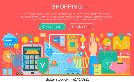 Shopping Online and E-Commerce Shopping concept. Online e commerce infographics template design, web header shopping icons elements. Vector illustration.