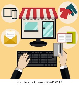 Shopping online and e-commerce in flat design . Vector illustration.