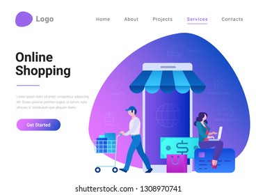 Shopping Online E-commerce Flat style landing page banner vector illustration. Electronic business, sales concept. Man and woman near store shop as smartphone.